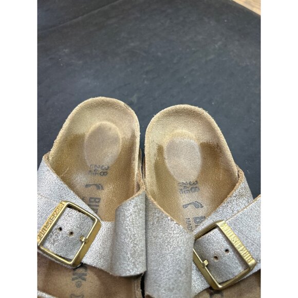 Birkenstock Arizona Womens Leather Sandals EU38 US7 Silver Metallic Double Strap - Picture 8 of 8